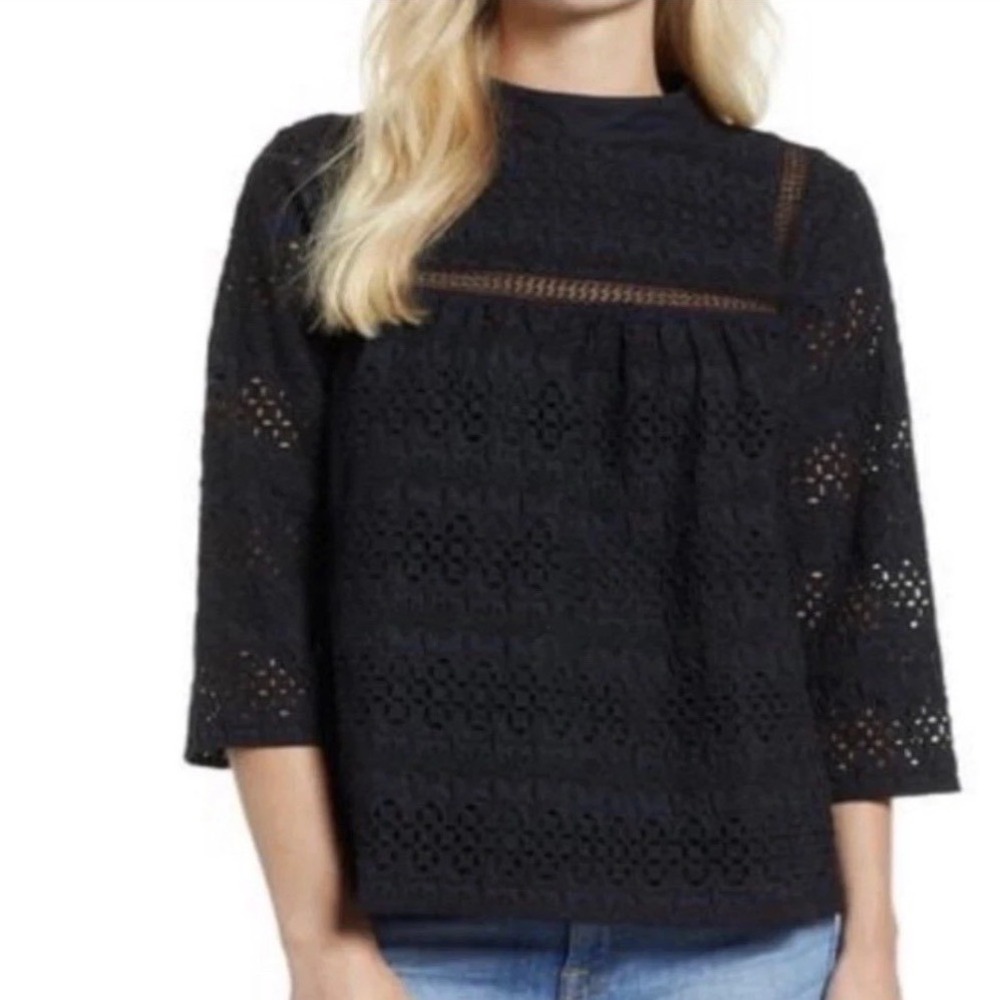 Vineyard Vines Eyelet 100% Cotton Boho Black 3/4 Sleeve Blouse Preppy Summer 6